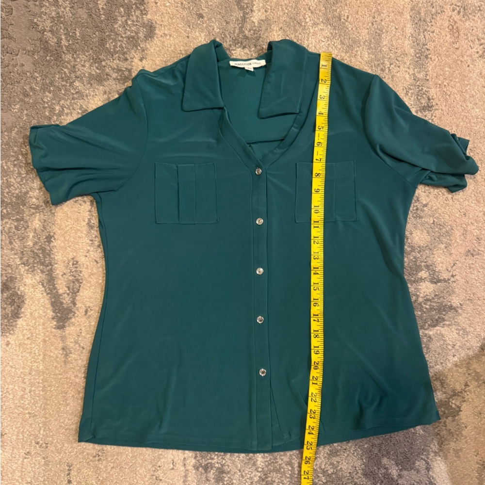 PerSeption Concept Teal Button-Front Short Sleeve Shirt - Picture 6 of 6